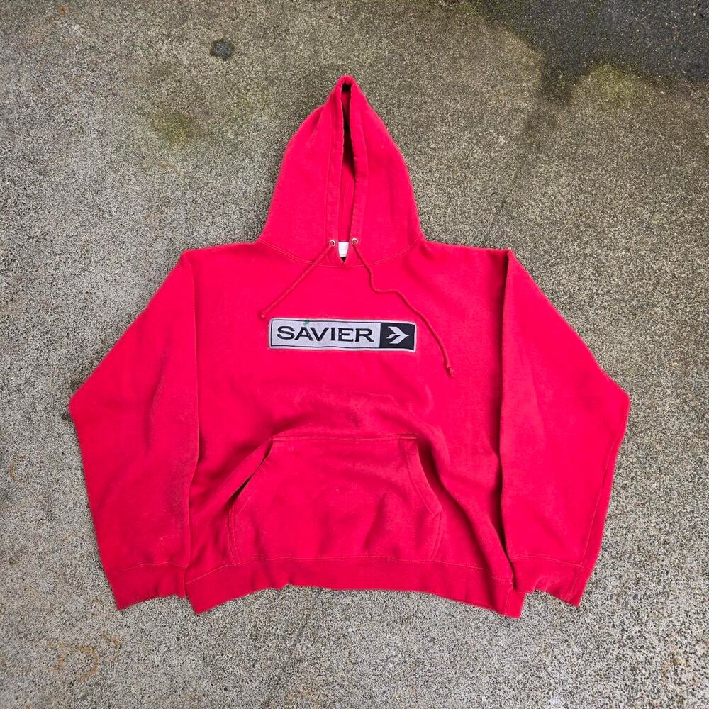 Vtg 90s SAVIER Skate Embroidered Felt Box Logo Pre Nike SB Hooded Sweatshirt L